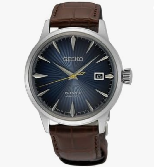 SRPK15 SEIKO Men's Blue Sunray Dial Brown Leather Band Presage Cocktail Time Automatic Analog Watch