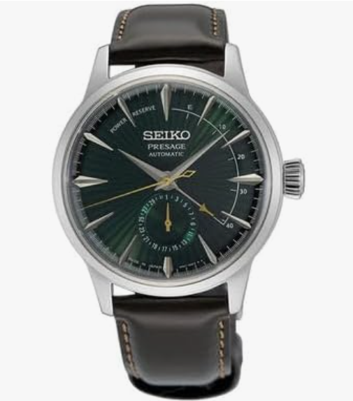 SSA459 SEIKO Men's Green Dial Dark Leather Band Presage Cocktail Time Automatic Analog Watch