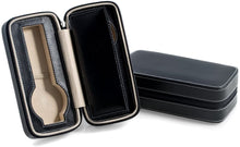 Load image into Gallery viewer, Bey-Berk BB591BLK Black Leather Two Travel Case with Form Fit Compartments, Center Divider to Prevent Watches from Touching and Zipper Closure