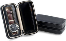 Load image into Gallery viewer, Bey-Berk BB591BLK Black Leather Two Travel Case with Form Fit Compartments, Center Divider to Prevent Watches from Touching and Zipper Closure