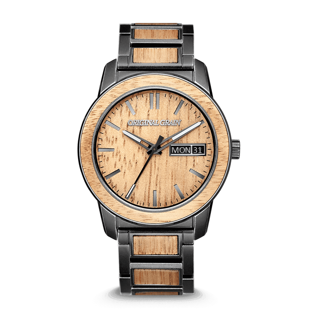 Original Grain Koa Stonewashed Wood Watch - Barrel Collection Analog Wrist Watch - Japanese Quartz Movement - Wood and Stainless Steel - Water Resistant - Hawaiian Koa Wood Watches for Men - 42MM