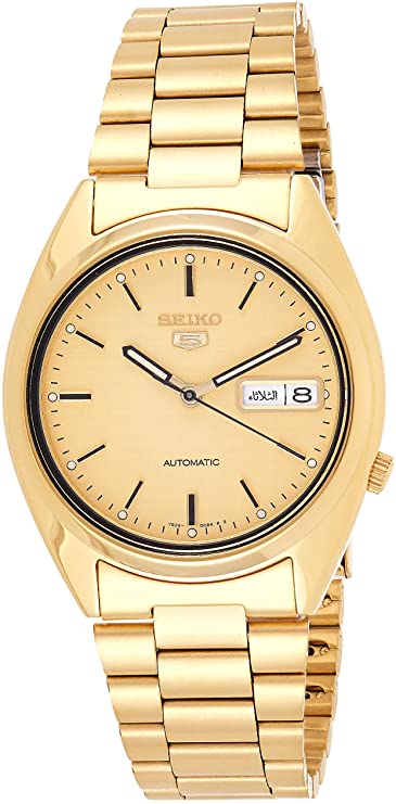 Seiko Men's SNXL72 Seiko 5 Automatic Gold-Tone Stainless Steel Bracelet Watch with Patterned Dial