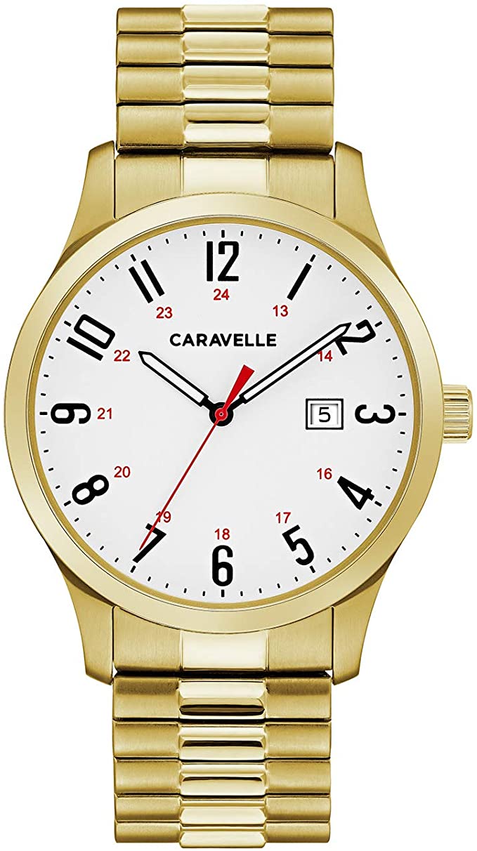 Caravelle Traditional Quartz Mens Watch, Stainless Steel Gold-Tone Expansion, Gold-Tone (Model: 44B117)