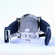 Load image into Gallery viewer, "The Castaway" Hawaiian Koa Wood Watch (47 mm Diameter, Chrome and Blue Silicone Band)