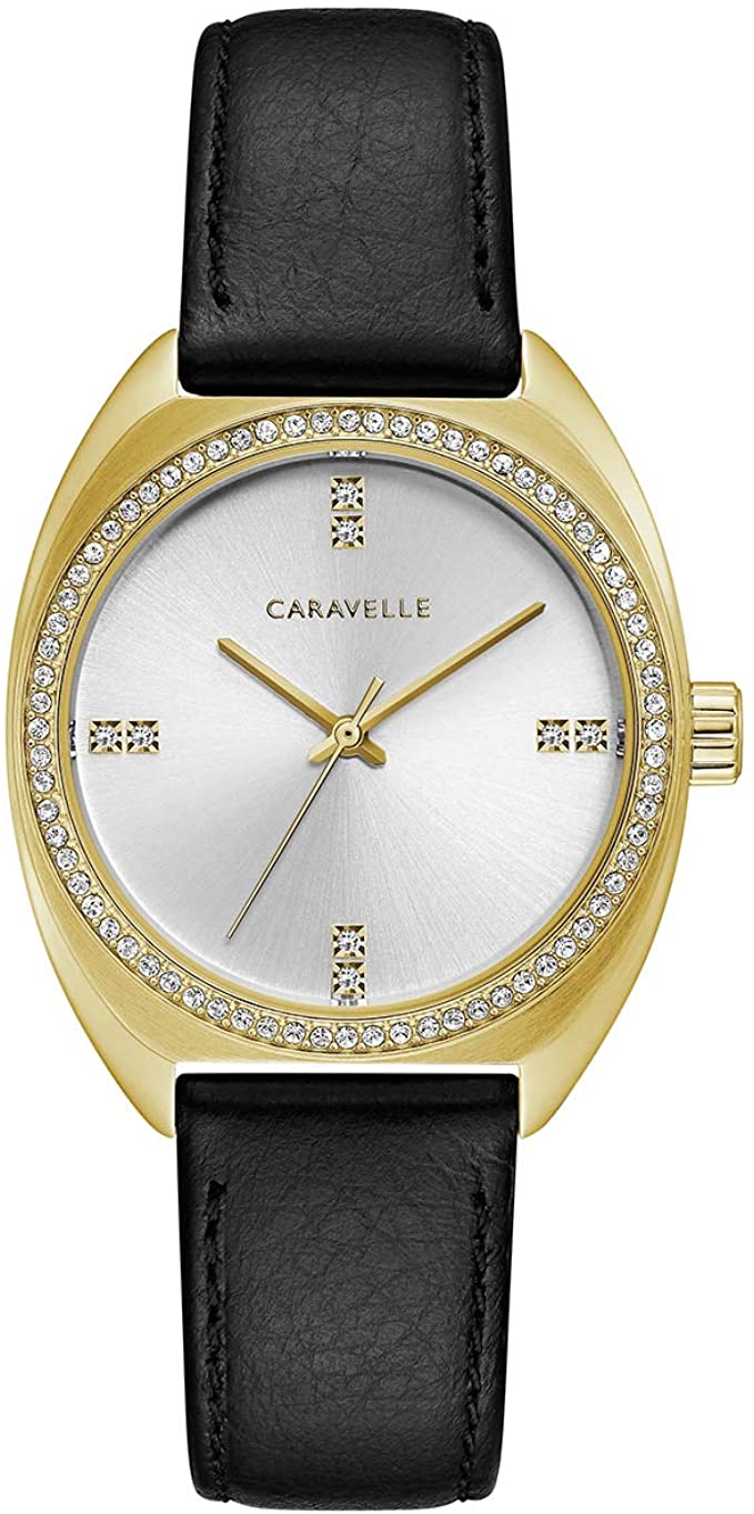 Caravelle Retro Quartz Ladies Watch, Stainless Steel with Black Leather Strap, Gold-Tone (Model: 44L249)