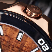 Load image into Gallery viewer, ''The Castaway'' Hawaiian Koa Wood Watch (47 mm Diameter, Copper and Leather Band)
