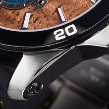 Load image into Gallery viewer, "The Castaway" Hawaiian Koa Wood Watch (47 mm Diameter, Chrome and Black Silicone Band)