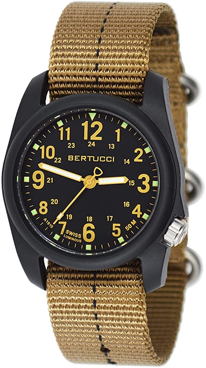 Bertucci DX3 Field Resin Watch, Dash-Striped Drab Nylon Strap, Black Dial - 11041