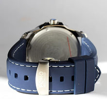 Load image into Gallery viewer, &quot;The Castaway&quot; Hawaiian Koa Wood Watch (47 mm Diameter, Chrome and Blue Silicone Band)
