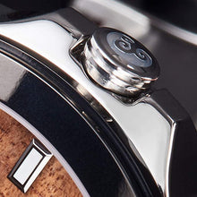 Load image into Gallery viewer, "The Castaway" Hawaiian Koa Wood Watch (47 mm Diameter, Chrome and Black Silicone Band)