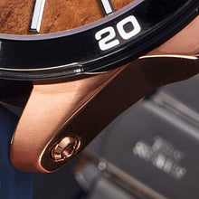 Load image into Gallery viewer, "The Castaway" Hawaiian Koa Wood Watch (47 mm Diameter, Copper and Blue Silicone Band)