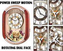 Load image into Gallery viewer, Musical Motion Wall Clock | Melodies and Rhythm Moving Face | Color: Woodgrain and Gold with Crystal | Sound and Movement | LED Lights | Tulips and Butterflies | Music: Classic, Christmas, Theraputic