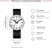 Load image into Gallery viewer, Mondaine Women's SBB Stainless Steel Swiss-Quartz Watch with Leather Strap, Black (Model: MSX.3511B.LB)