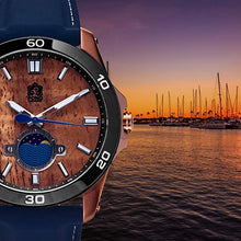 Load image into Gallery viewer, "The Castaway" Hawaiian Koa Wood Watch (47 mm Diameter, Copper and Blue Silicone Band)