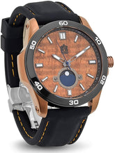 Load image into Gallery viewer, "The Castaway" Hawaiian Koa Wood Watch (47 mm Diameter, Copper and Black Silicone Band)