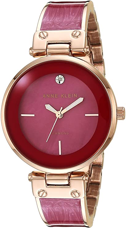 Anne Klein Women's AK/1980BYGB Diamond-Accented Gold-Tone and Burgundy Bangle Watch