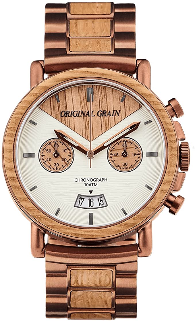 Original Grain Wood Wrist Watch | Alterra Collection 44MM Chronograph Watch | Wood and Stainless Steel Watch Band | Japanese Quartz Movement | Whiskey Barrel Wood