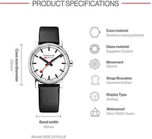 Load image into Gallery viewer, Mondaine SBB Stainless Steel Swiss-Quartz Watch with Leather Calfskin Strap, Black, 19 (Model: MSE.35110.LB)