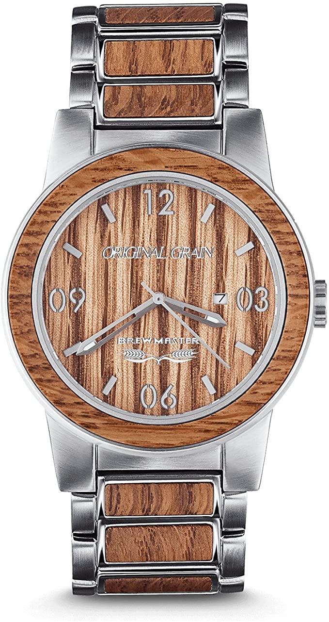 Original Grain Wood Wrist Watch | Brewmaster Collection 42MM Analog Watch | Wood and Stainless Steel Watch Band | Japanese Quartz Movement | German Oak Beer Barrel Wood