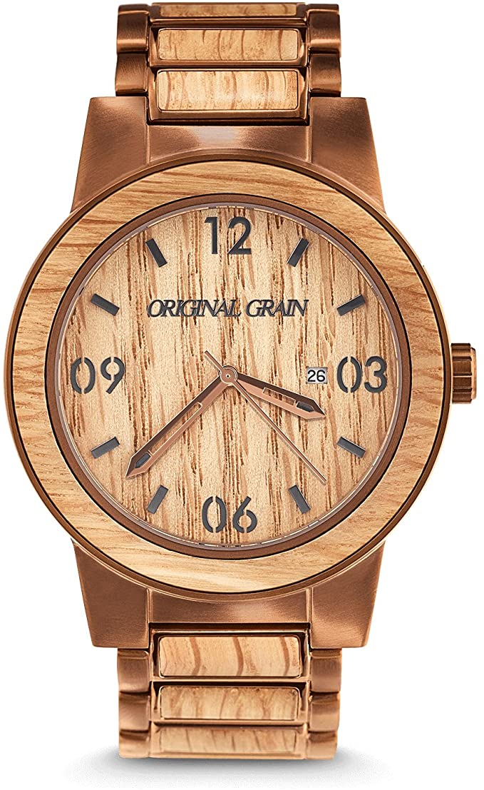 Original Grain Whiskey Barrel Wood Watch - Barrel Collection Analog Wrist Watch - Japanese Quartz Movement - Wood and Stainless Steel - Water Resistant - American Oak Wood Watches for Men - 47MM
