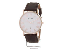 Load and play video in Gallery viewer, Bulova Classic Quartz Mens Watch, Stainless Steel with Brown Leather Strap, Rose Gold-Tone (Model: 97B184)
