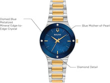 Load image into Gallery viewer, Bulova Ladies&#39; Modern Millenia Two-Tone Stainless Steel 3-Hand Quartz Watch, Blue Mother-of-Pearl Dial, Edge to Edge Crystal Style: 98R273
