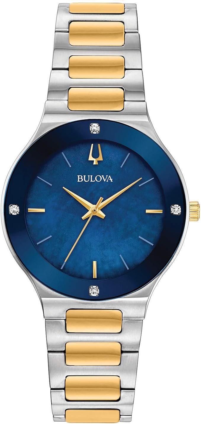 Bulova Ladies' Modern Millenia Two-Tone Stainless Steel 3-Hand Quartz Watch, Blue Mother-of-Pearl Dial, Edge to Edge Crystal Style: 98R273