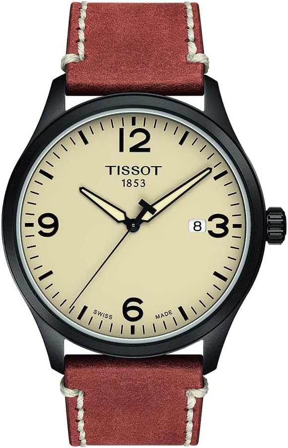 Tissot Mens Gent XL 316L Stainless Steel case with Grey PVD Coating Quartz Watch, Beige, Leather