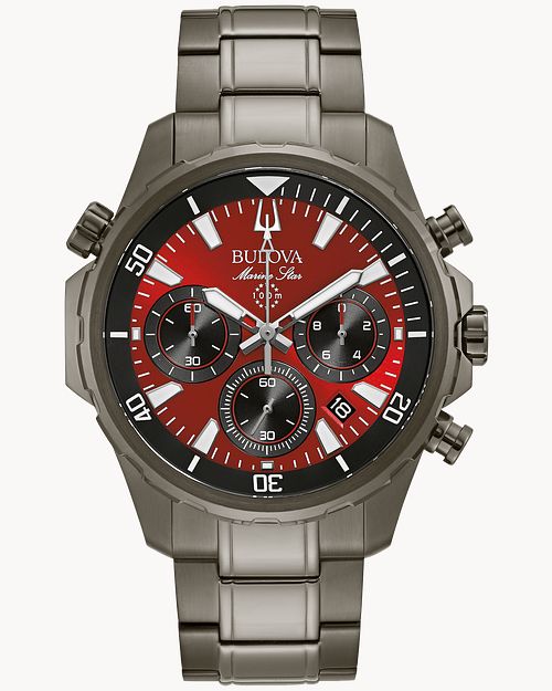 Bulova Men's Marine Star Series B Gray Ion Plated Stainless Steel 6-Hand Chronograph Quartz Watch, Red Dial Style: 98B350