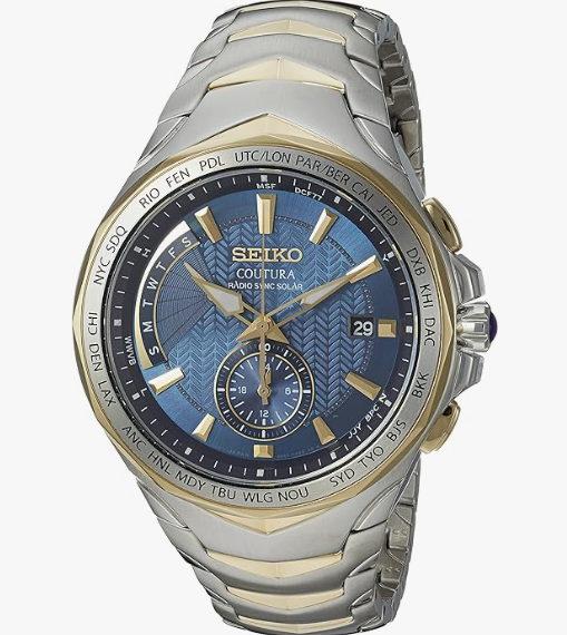 SEIKO Watch for Men - Coutura Collection - Solar Powered, Radio Sync Dual Time, World Time Function, Two-Tone Stainless Steel Case & Bracelet, and Water-Resistant to 100m