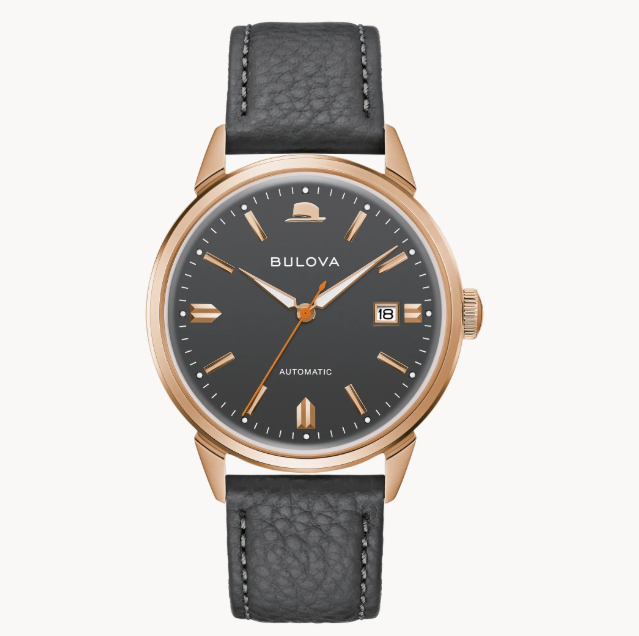 Bulova Men's Frank Sinatra Summer Wind 3 Hand Automatic Rose Gold Stainless Steel Case with Dark Gray Textured Leather Strap, Exhibition Caseback, Black Dial Model: 97B206