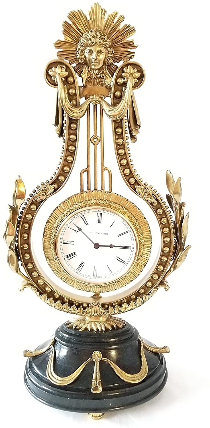 Maitland-Smith Sherwood Finished Brass Tabletop Clock with Black Waxstone Inlaid Base
