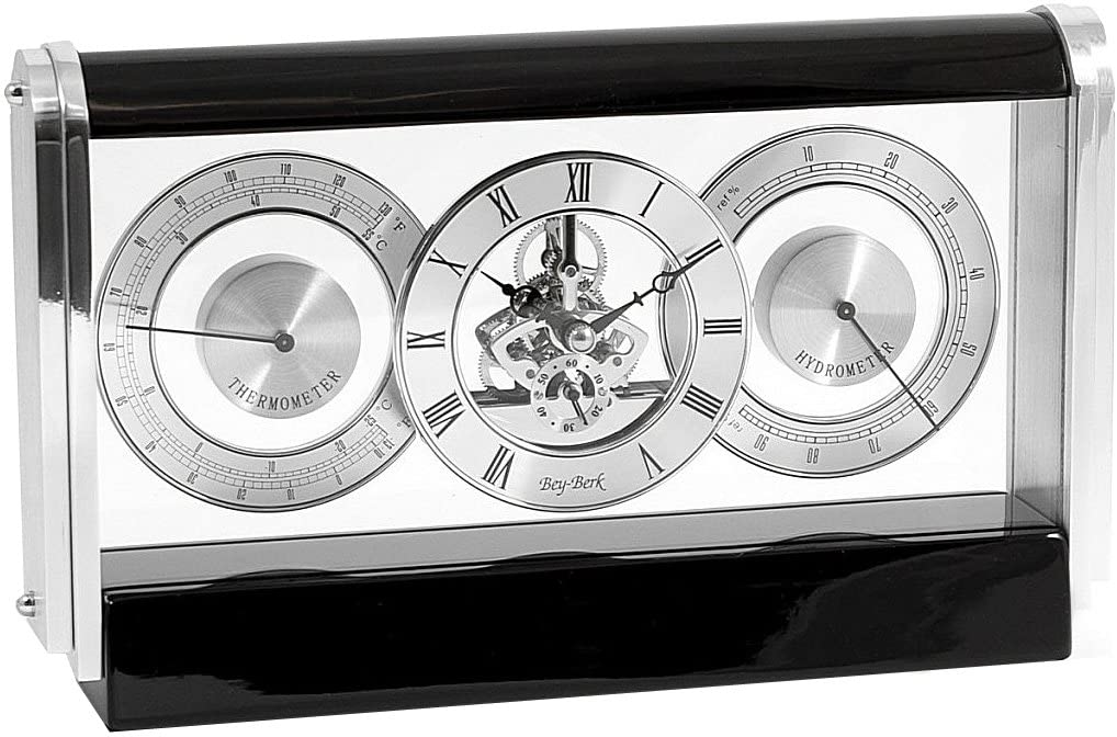 Bey-Berk International Skelton Movement Clock, Stainless and Lacquered Black Wood T.P.