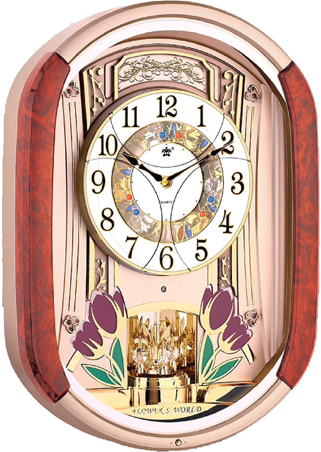 Musical Motion Wall Clock | Melodies and Rhythm Moving Face | Color: Woodgrain and Gold with Crystal | Sound and Movement | LED Lights | Tulips and Butterflies | Music: Classic, Christmas, Theraputic