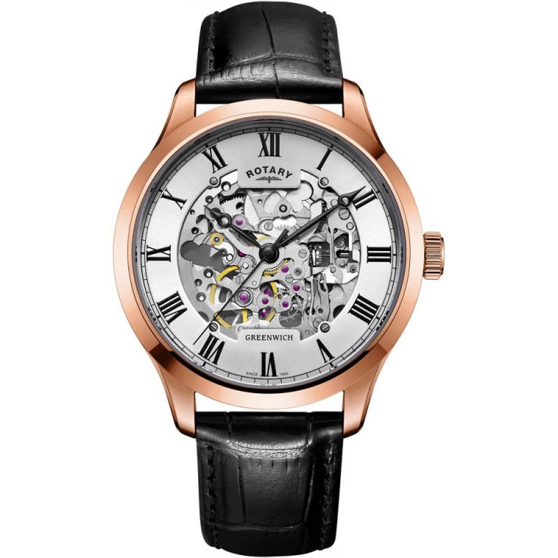 Rotary Mens Skeleton Automatic Rose Gold Brown Strap GS02942/01