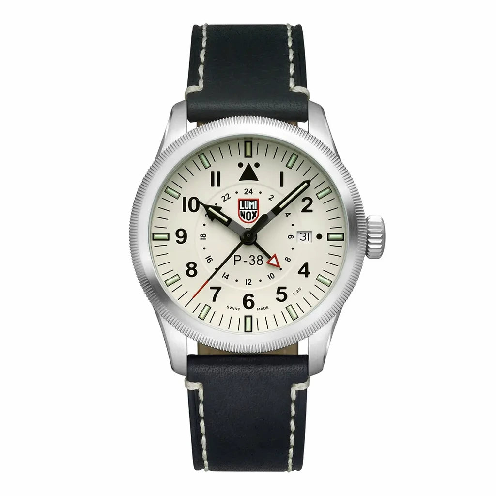 LUMINOX XA.9527 P-38 Lightning 9520 Series Beige Dial Black Leather Strap Pilot Watch 42mm