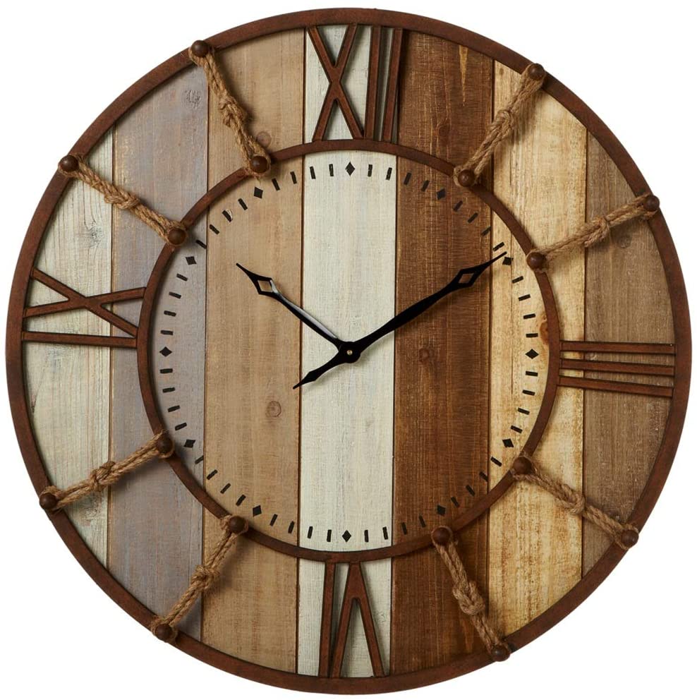 Diva At Home 32 Rustic Wooden Slat Round Wall Clock with Knotted Rope Numbers