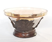 Load image into Gallery viewer, Russ Home Iridescent Light Amber Colored Glass Vase with Metal Leaves and Wooden Base

