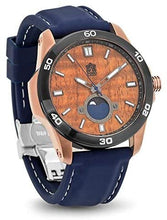 Load image into Gallery viewer, &quot;The Castaway&quot; Hawaiian Koa Wood Watch (47 mm Diameter, Copper and Blue Silicone Band)
