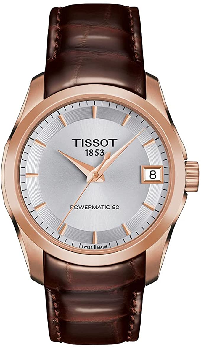 Tissot Women's Couturier 316L Stainless Steel case with Rose Gold PVD Coating Swiss Automatic Watch with Leather Strap, Brown, 18 (Model: T0352073603100)