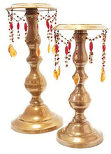 Load image into Gallery viewer, Russ Home Brass Pillar Candle Holders with Red and Amber Dangles Set of 2 Item # 80053
