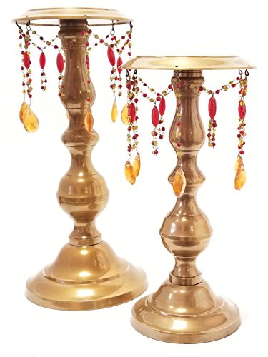 Russ Home Brass Pillar Candle Holders with Red and Amber Dangles Set of 2 Item # 80053