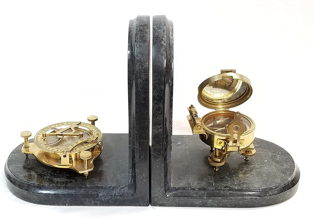 Decorative Brass Compass Bookends on a Green Stone Inlay Base