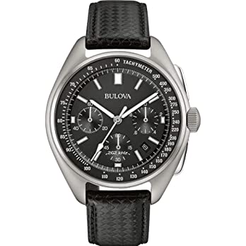 Bulova Archive Series Mens Watch, Stainless Steel with Black Leather Strap Lunar Pilot Chronograph , Silver-Tone (Model: 96B251)
