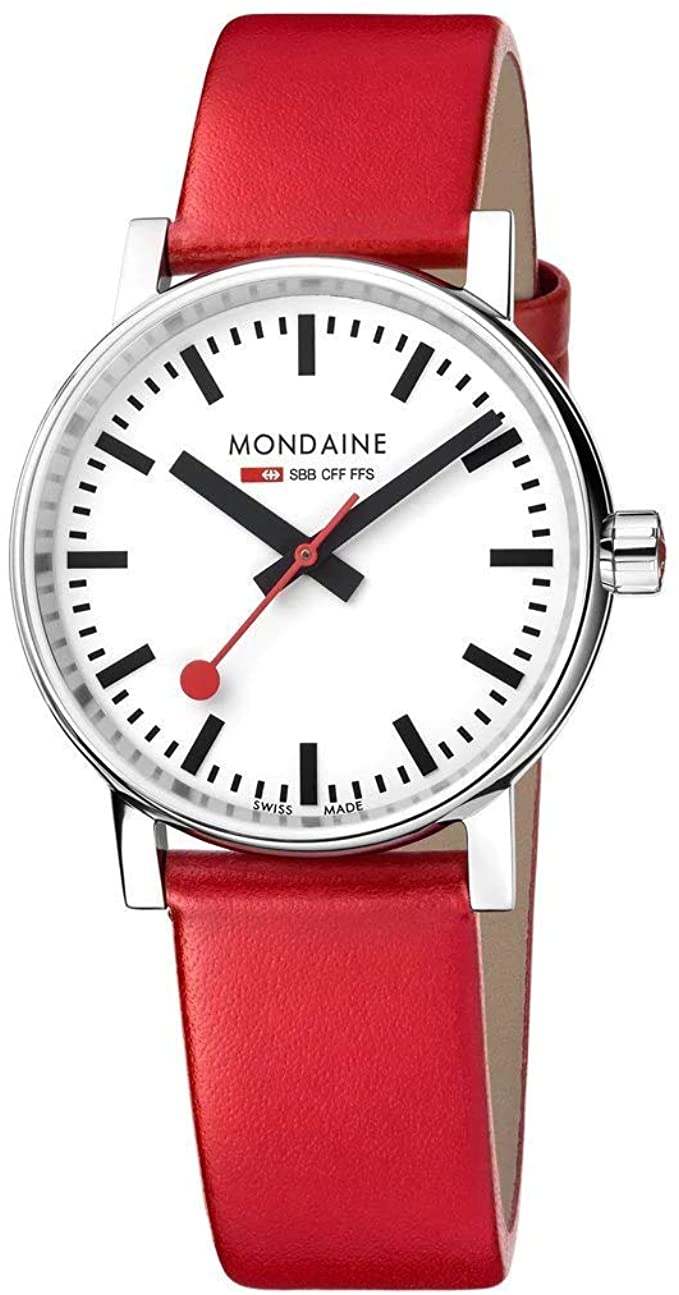 Mondaine SBB Stainless Steel Swiss-Quartz Watch with Leather Strap, red (Model: MSE.35110.LC)