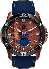 Load image into Gallery viewer, &quot;The Castaway&quot; Hawaiian Koa Wood Watch (47 mm Diameter, Copper and Blue Silicone Band)
