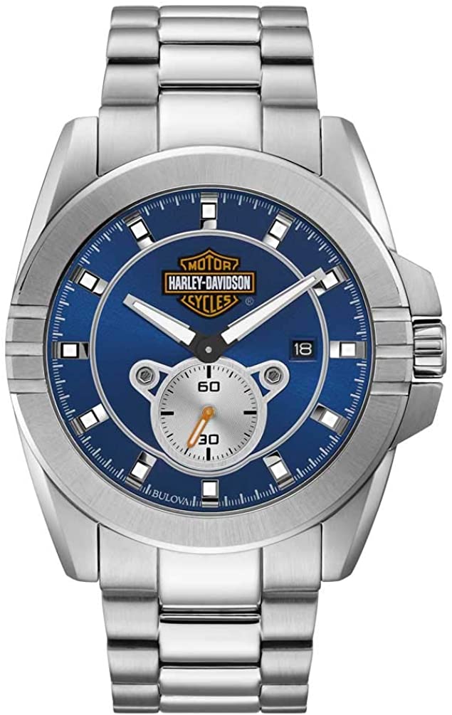 Harley-Davidson Mens Blue Dial Bar & Shield Stainless Steel Watch, Silver 76B183