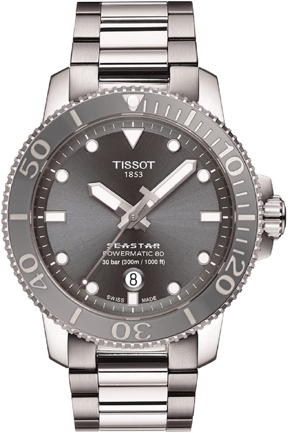 Tissot Men's Seastar 1000 Powermatic 80 316L Stainless Steel case Swiss Automatic Watch Strap, Grey, 21 (Model: T1204071108101)