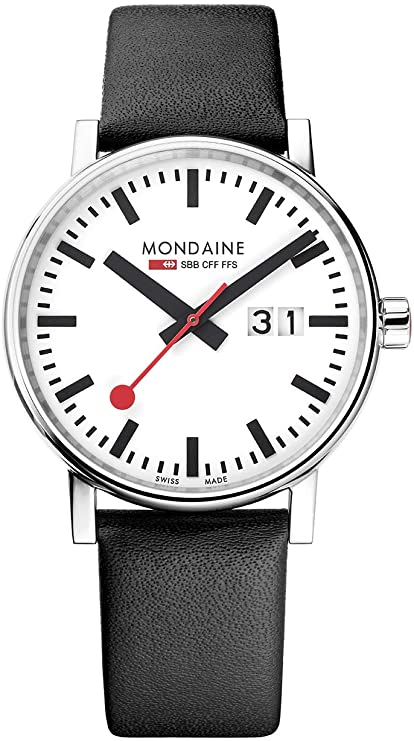 Mondaine Official Watches for Men and Women Swiss Railways - 40 mm - EVO 2 Black Leather Strap Tan Lining - Day Date