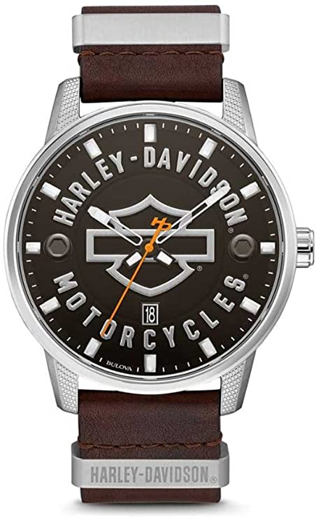 HARLEY-DAVIDSON Men's Alloy Steel Quartz Watch with Leather Strap, Brown, 11 (Model: 76B178)